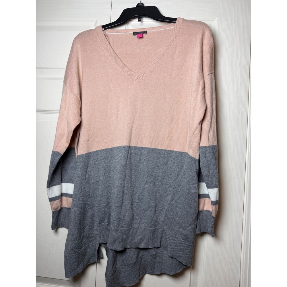Vince Camuto Womens V-Neck Colorblock Tunic Sweater Pink Grey Size L